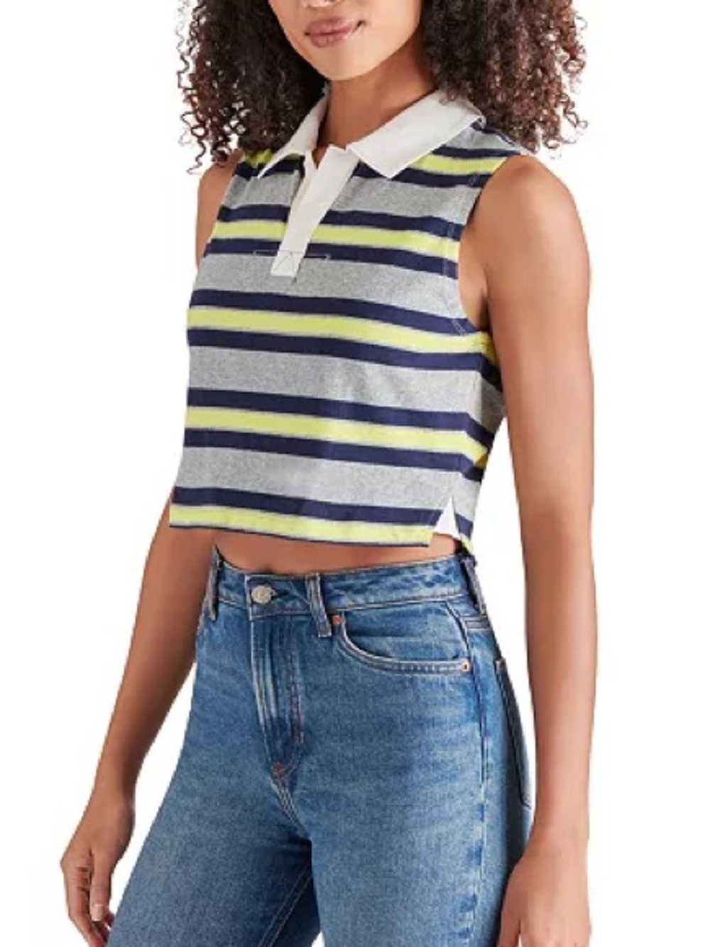 Steve Madden Ryland Cropped Rugby Top Grey Navy & Yellow